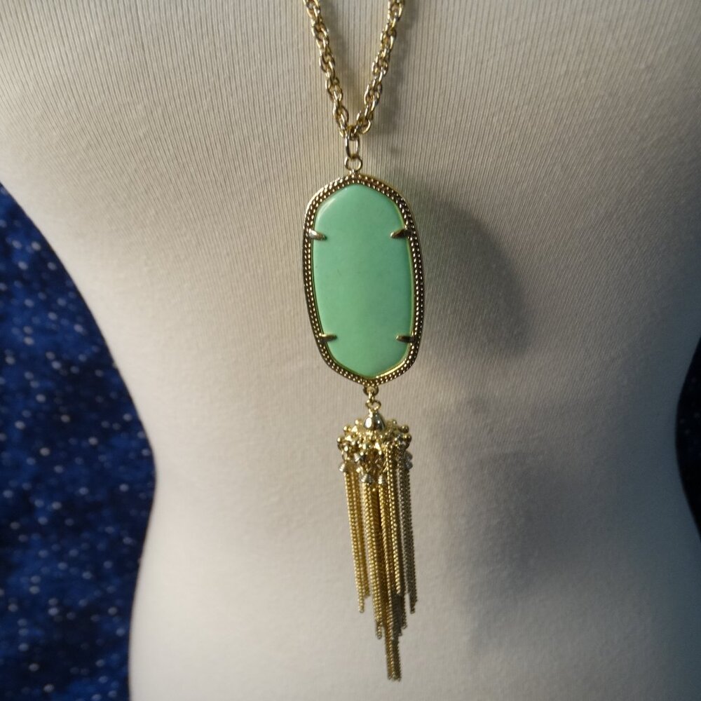 Kendra Scott Rayne Green Stone Gold Tone Tassel Pendant Necklace 30"to32"